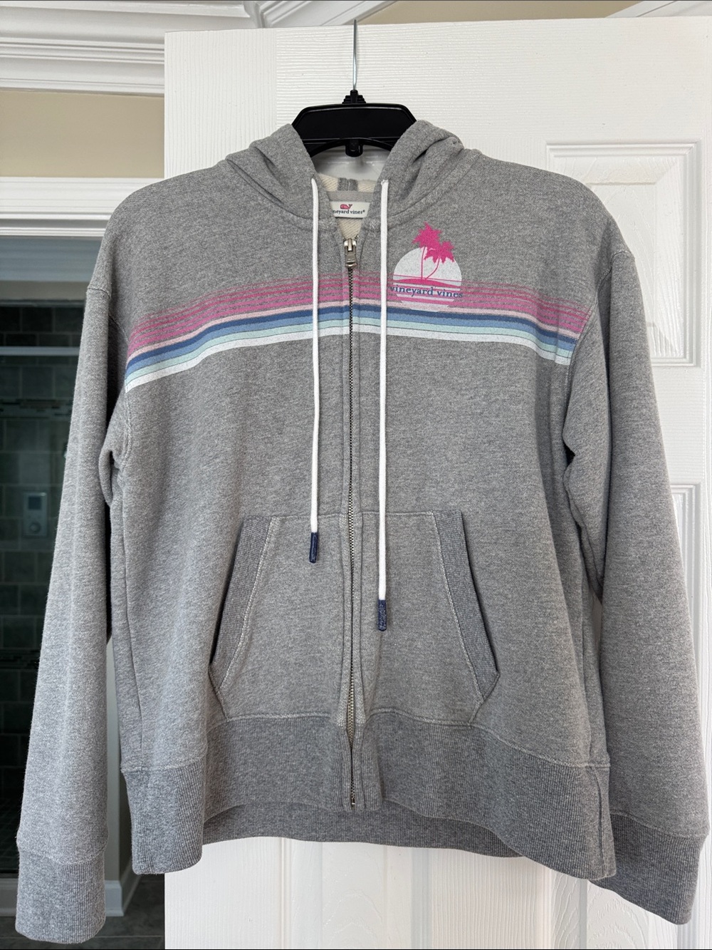 Vineyard Vines Gray Zip-Up Hoodie with Pastel Stripe